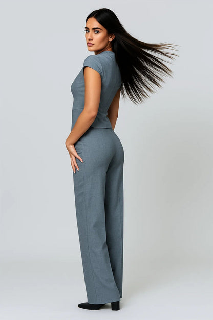 Dames co-ord set – vest met V-hals, wijde broek, zakelijk chic