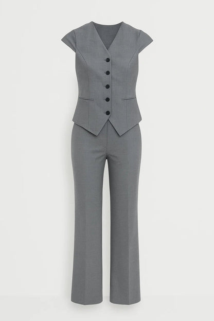 Dames co-ord set – vest met V-hals, wijde broek, zakelijk chic