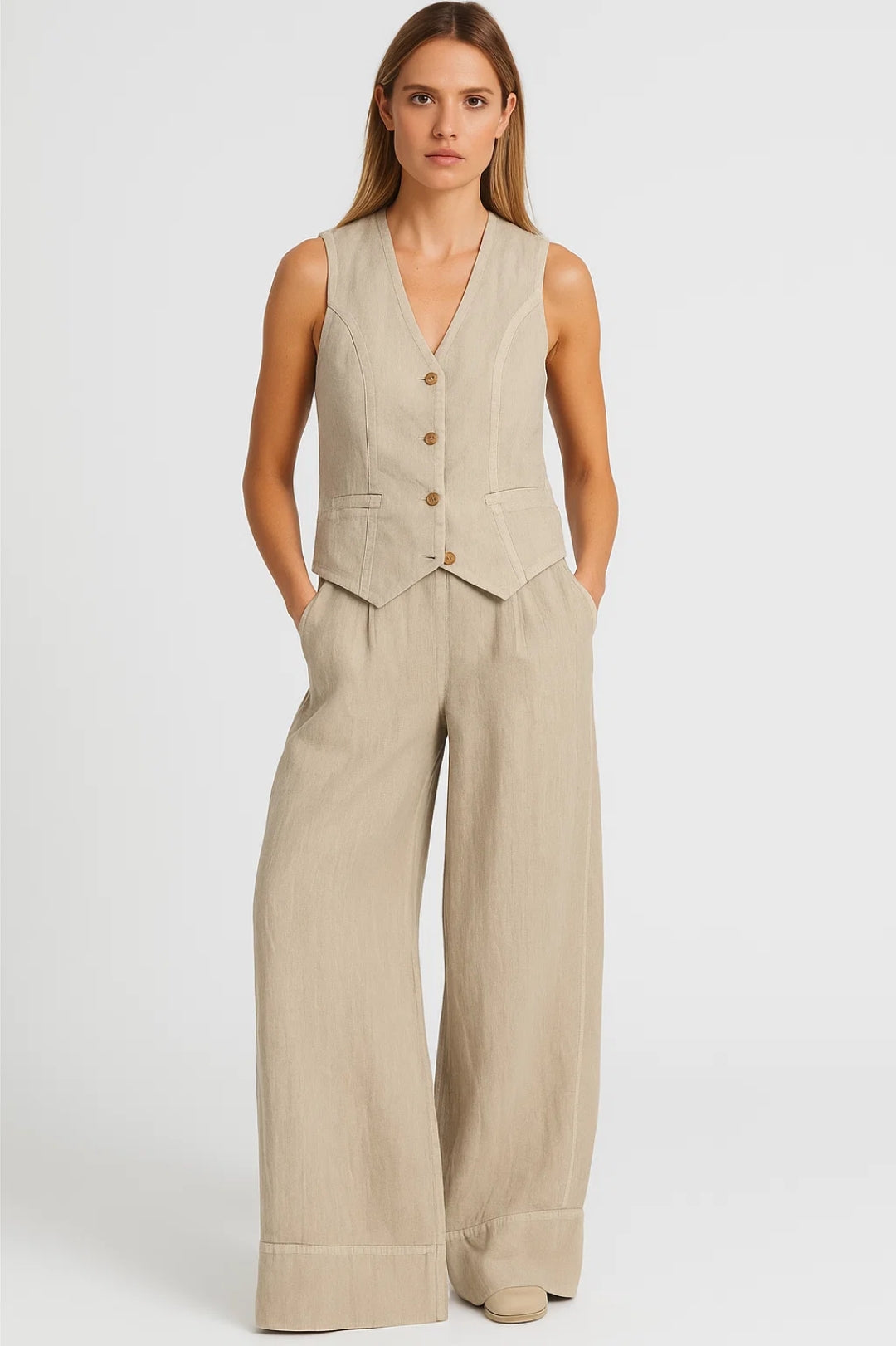 Dames co-ord set – gilet, extra wijde broek, zomers & stijlvol