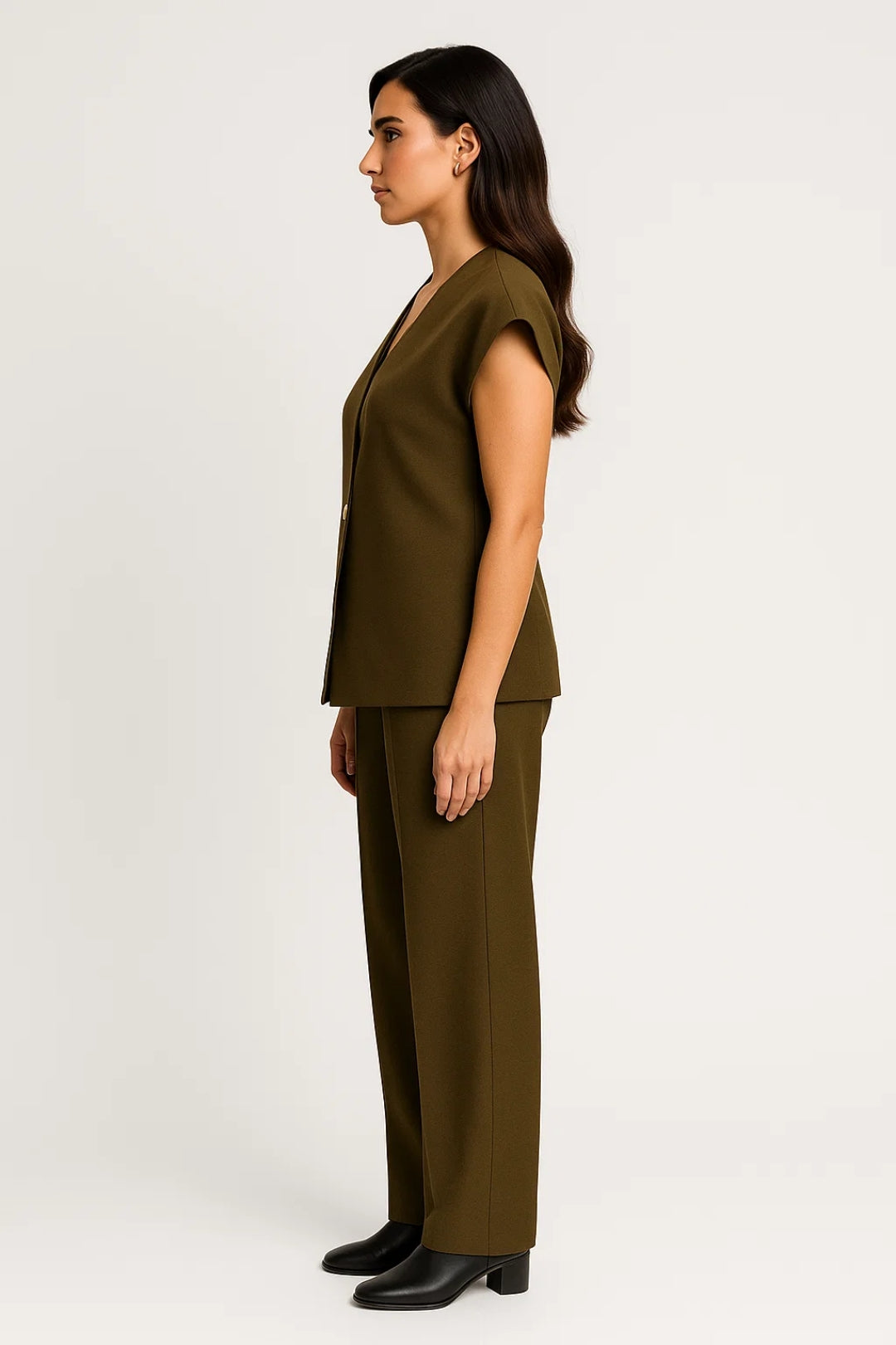 Dames co-ord set – gilet met gouden knoop, wijde broek, chic