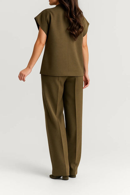 Dames co-ord set – gilet met gouden knoop, wijde broek, chic