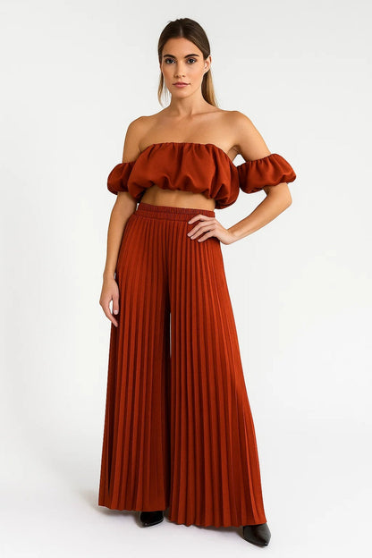 Dames co-ord set – off shoulder, pofmouwen, wijde broek, zomers