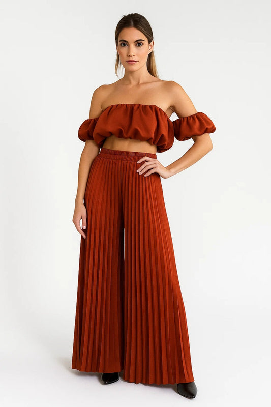 Dames co-ord set – off shoulder, pofmouwen, wijde broek, zomers