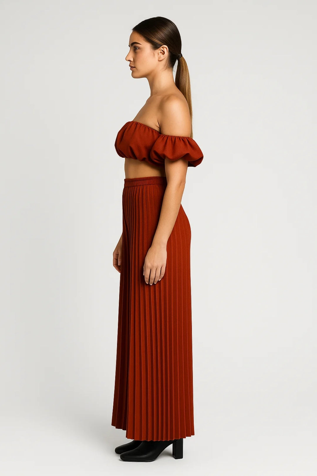 Dames co-ord set – off shoulder, pofmouwen, wijde broek, zomers