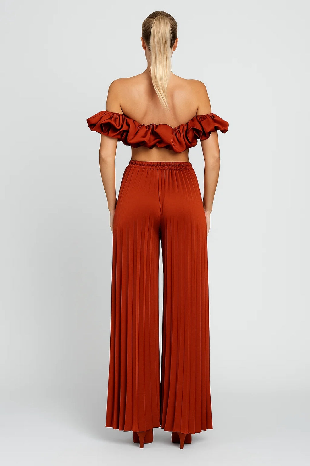 Dames co-ord set – off shoulder, pofmouwen, wijde broek, zomers