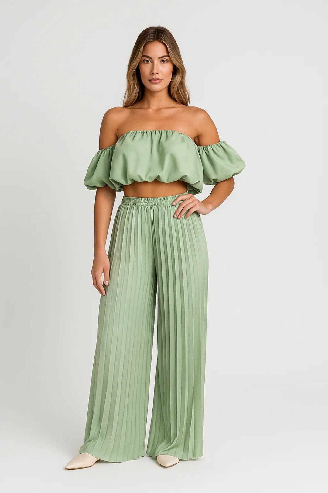 Dames co-ord set – off shoulder, pofmouwen, wijde broek, zomers