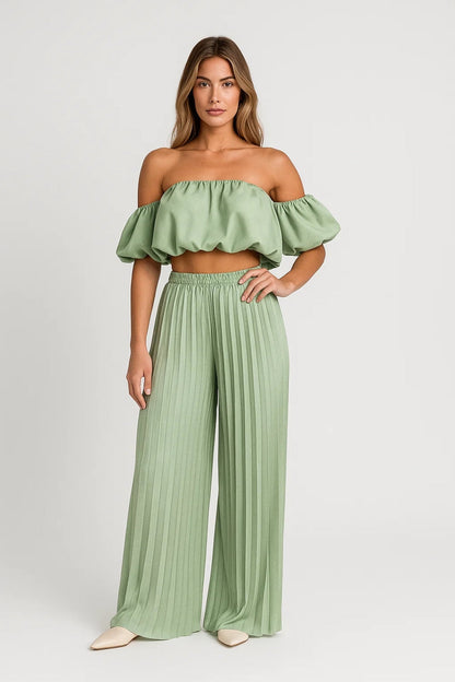Dames co-ord set – off shoulder, pofmouwen, wijde broek, zomers