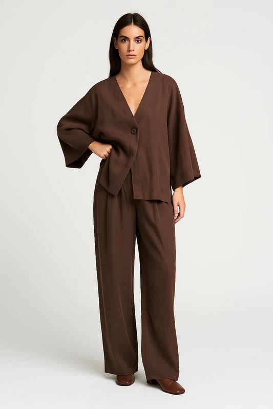 Dames co-ord set – kimono blazer, wijde broek, casual & chic