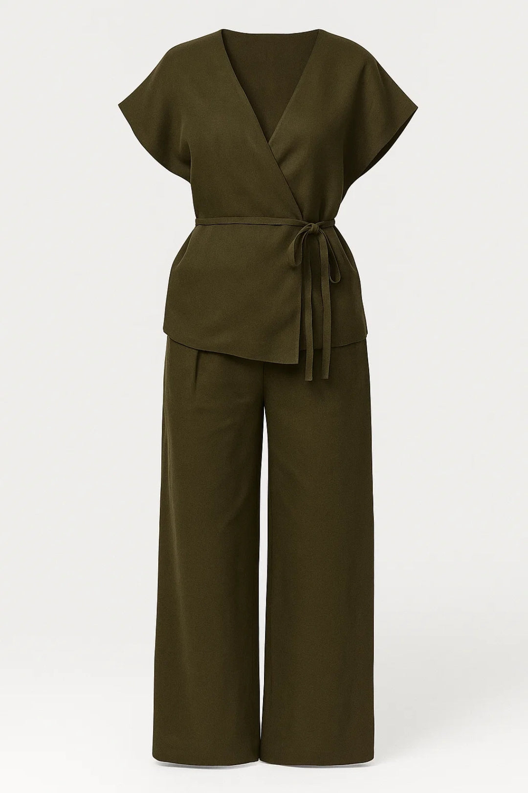Dames co-ord set – wikkel top, wijde broek, elegant & zakelijk