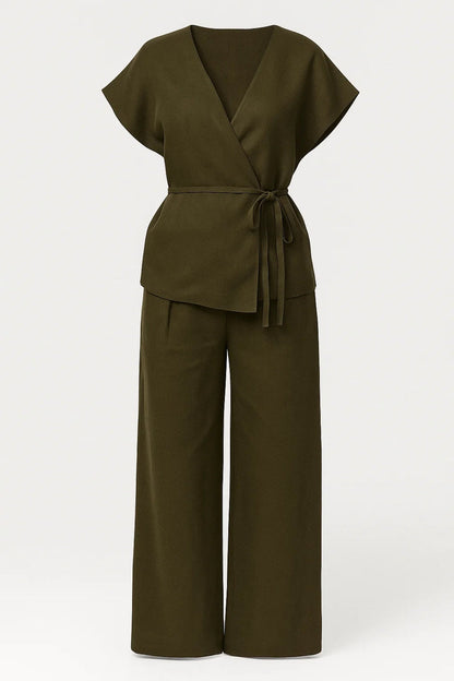 Dames co-ord set – wikkel top, wijde broek, elegant & zakelijk