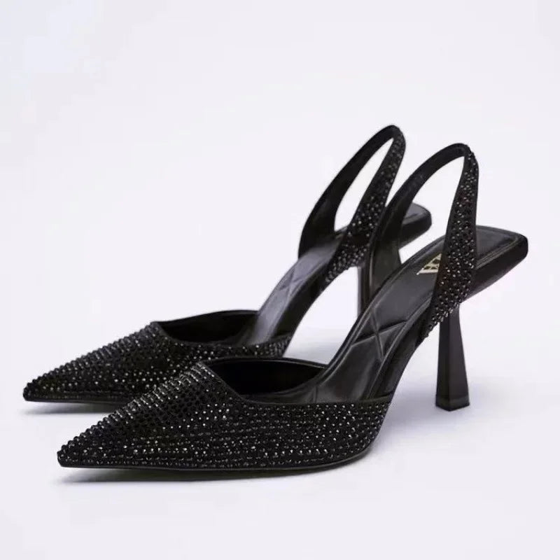 Dames slingback pumps – glitter, elegante hak, zwart