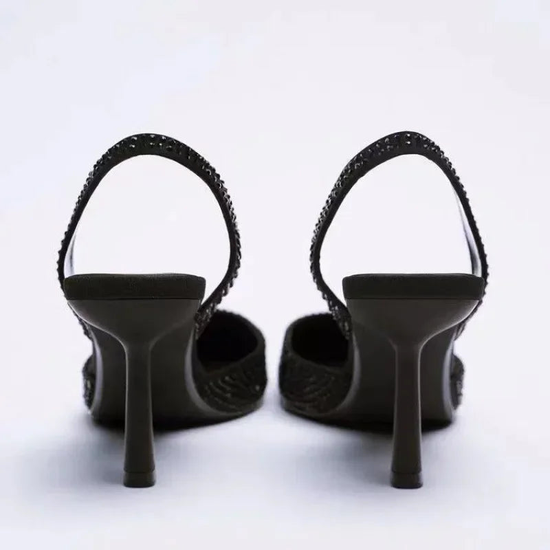 Dames slingback pumps – glitter, elegante hak, zwart