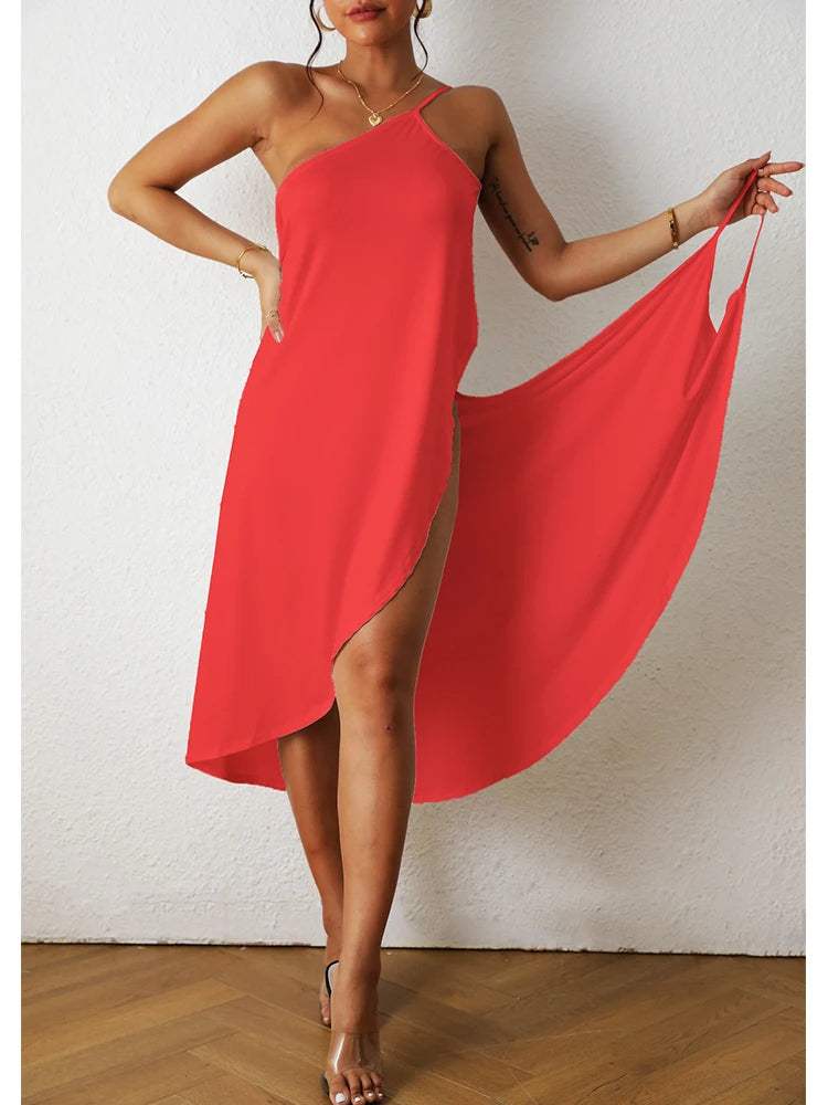 Dames maxi jurk – asymmetrisch, katoen, hoge split, losvallend