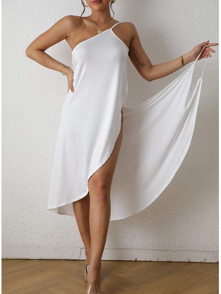 Dames maxi jurk – asymmetrisch, katoen, hoge split, losvallend
