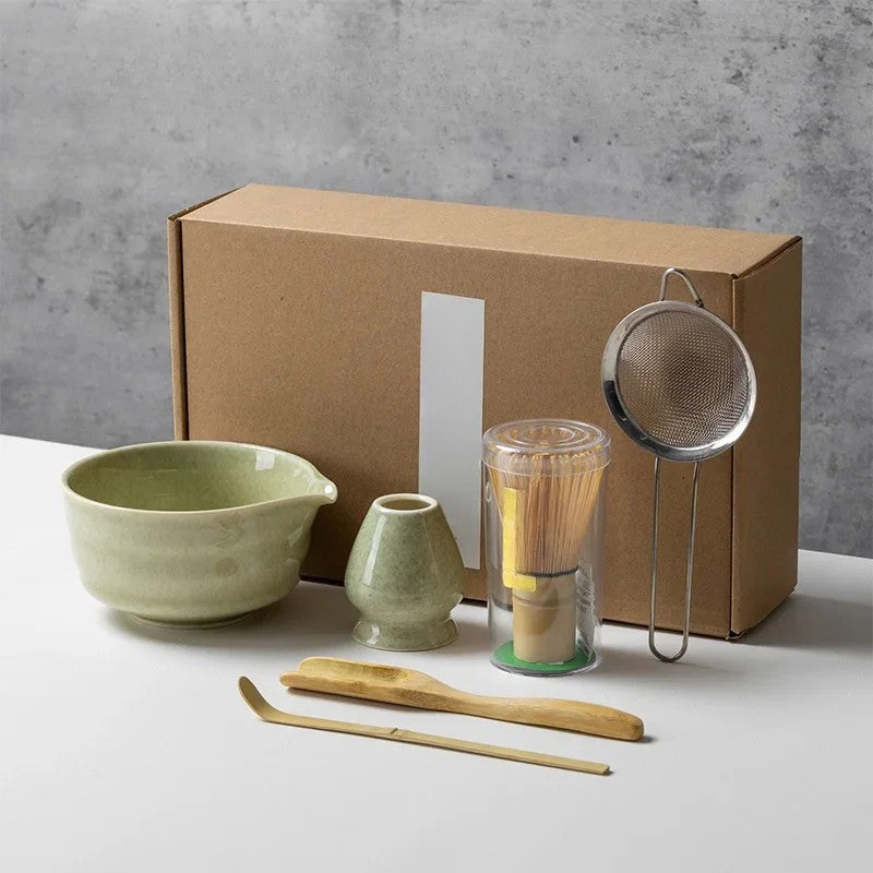 Matcha Theeset 6-delig – Complete Japanse Set met Matcha Kom, Bamboe Klopper, Lepel, Zeef & Houder | Handgemaakt Keramiek & Bamboe | Ideaal voor Ceremoniële Bereiding