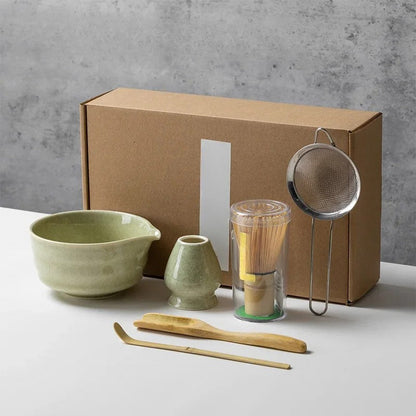 Matcha Theeset 6-delig – Complete Japanse Set met Matcha Kom, Bamboe Klopper, Lepel, Zeef & Houder | Handgemaakt Keramiek & Bamboe | Ideaal voor Ceremoniële Bereiding