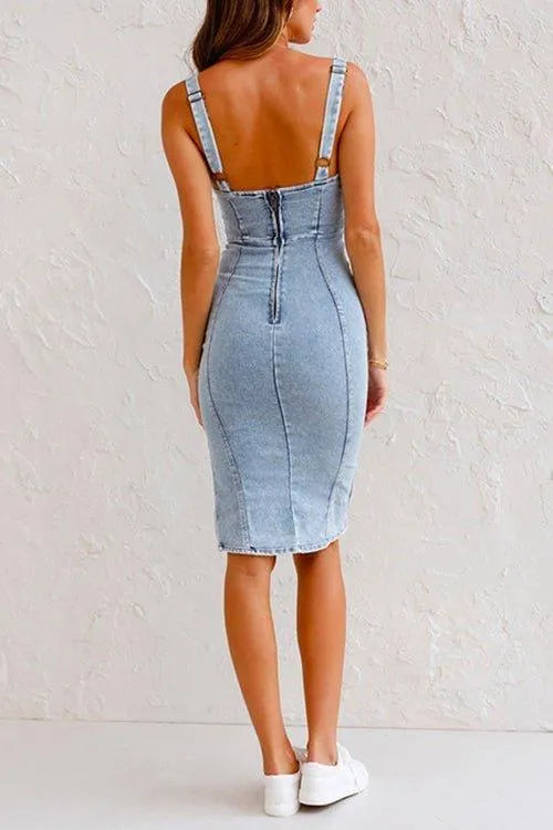 Damesjurk - Denim - Verstelbare Bandjes, Ritssluiting, Split - Perfect voor Zomeruitjes