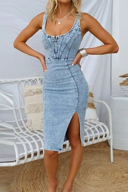 Damesjurk - Denim - Verstelbare Bandjes, Ritssluiting, Split - Perfect voor Zomeruitjes