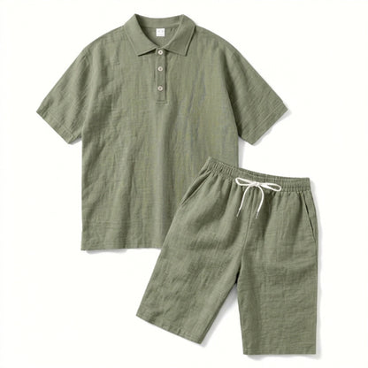Heren poloshirt met korte mouwen en korte broekset – effen kleur, casual stijl