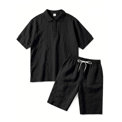 Heren poloshirt met korte mouwen en korte broekset – effen kleur, casual stijl