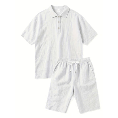 Heren poloshirt met korte mouwen en korte broekset – effen kleur, casual stijl