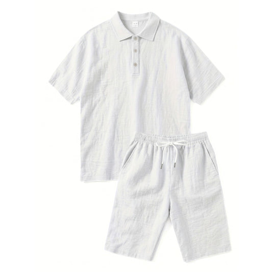 Heren poloshirt met korte mouwen en korte broekset – effen kleur, casual stijl