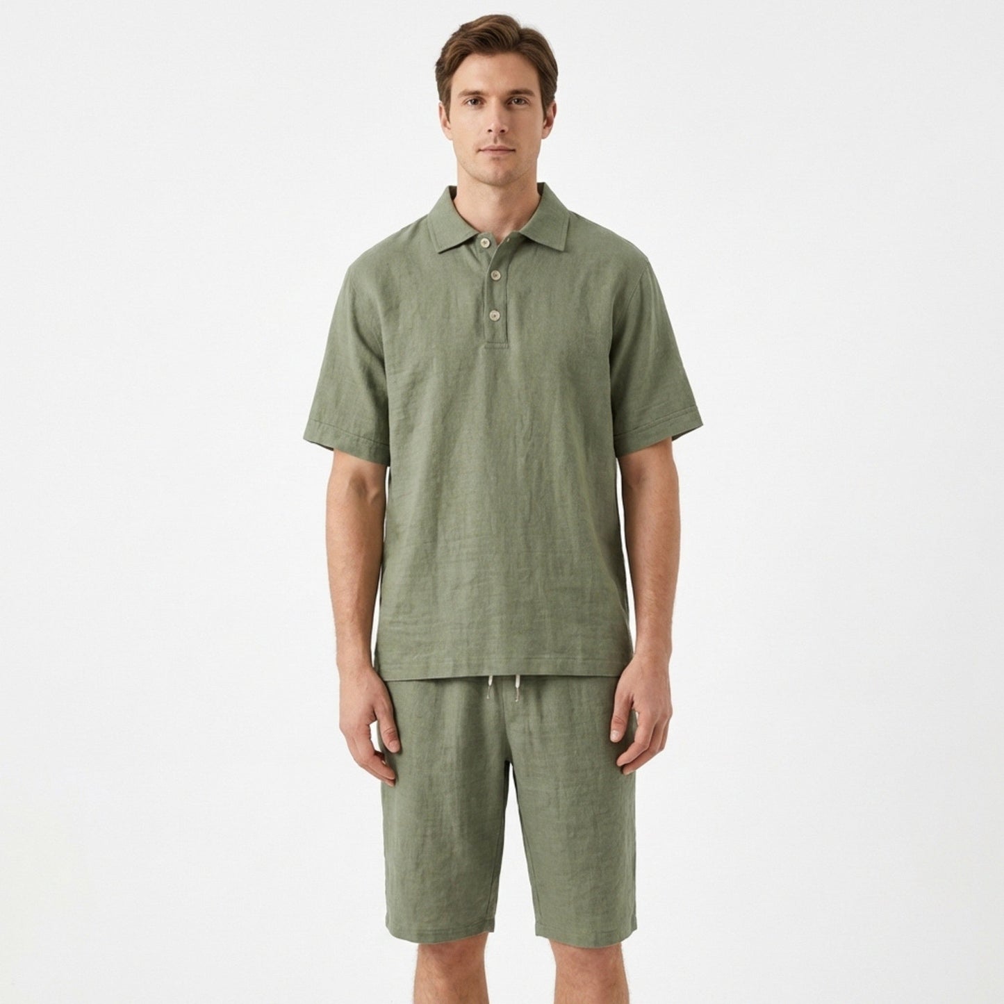 Heren poloshirt met korte mouwen en korte broekset – effen kleur, casual stijl