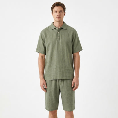 Heren poloshirt met korte mouwen en korte broekset – effen kleur, casual stijl