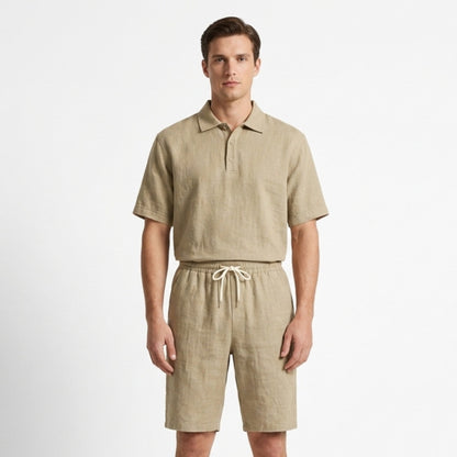 Heren poloshirt met korte mouwen en korte broekset – effen kleur, casual stijl