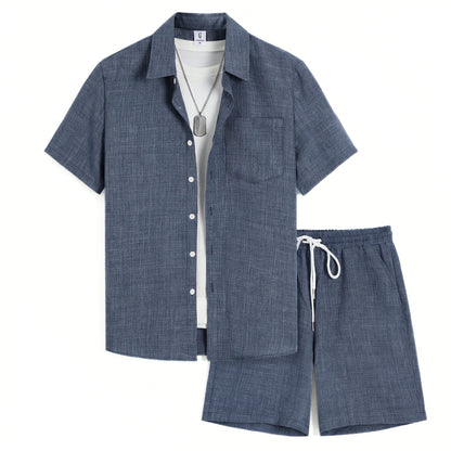 Heren effen tweedelig set – overhemd met korte mouwen en korte broek