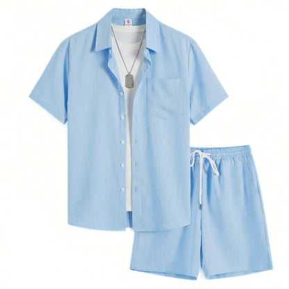 Heren effen tweedelig set – overhemd met korte mouwen en korte broek