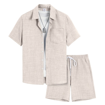 Heren effen tweedelig set – overhemd met korte mouwen en korte broek