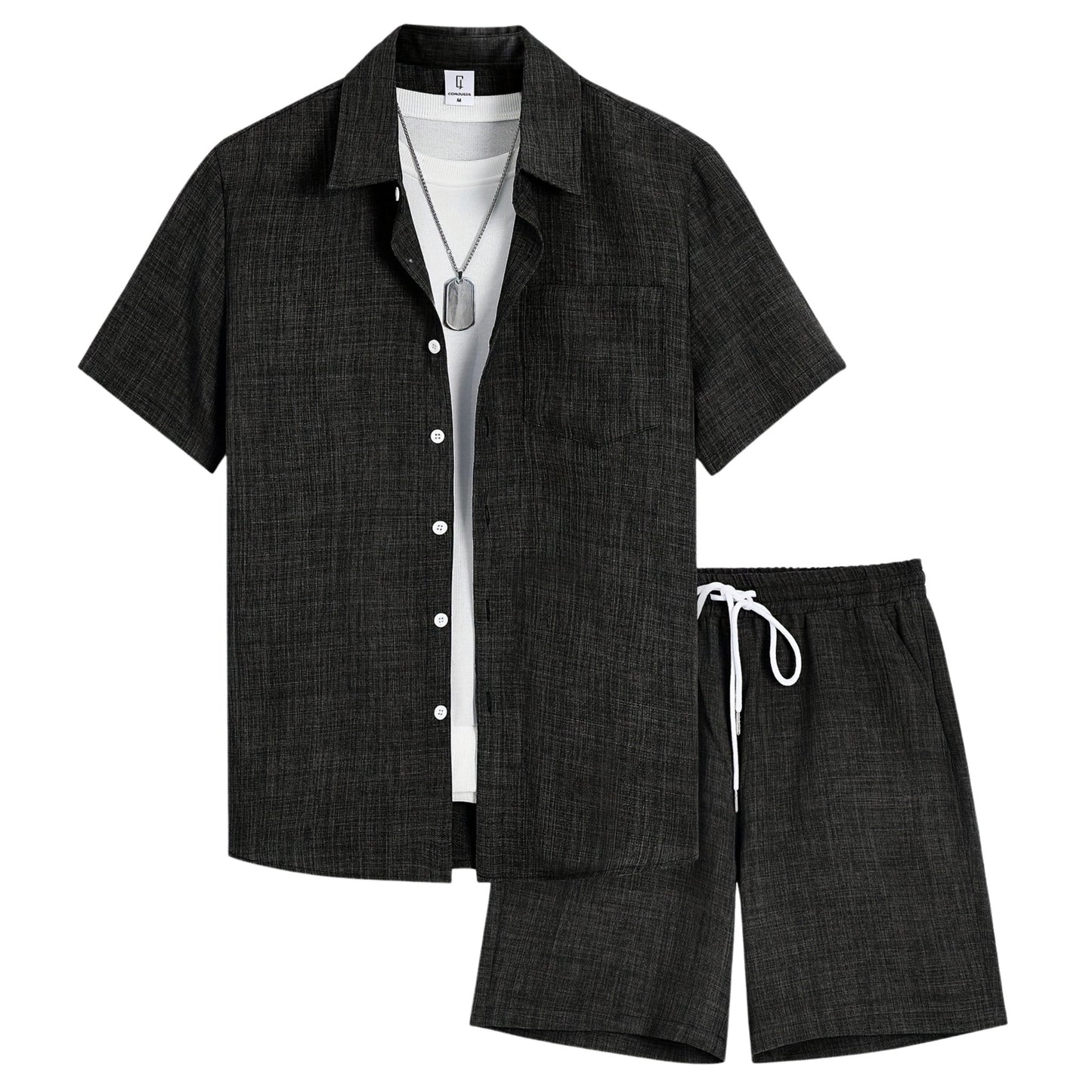 Heren effen tweedelig set – overhemd met korte mouwen en korte broek