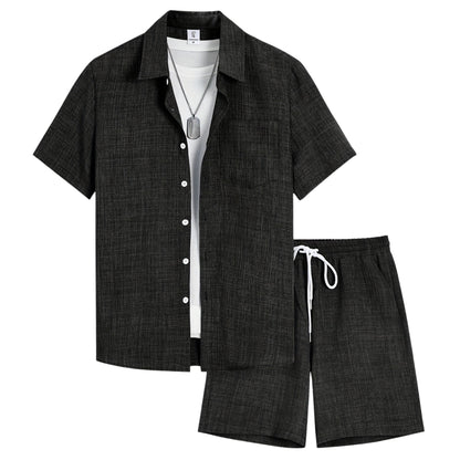 Heren effen tweedelig set – overhemd met korte mouwen en korte broek