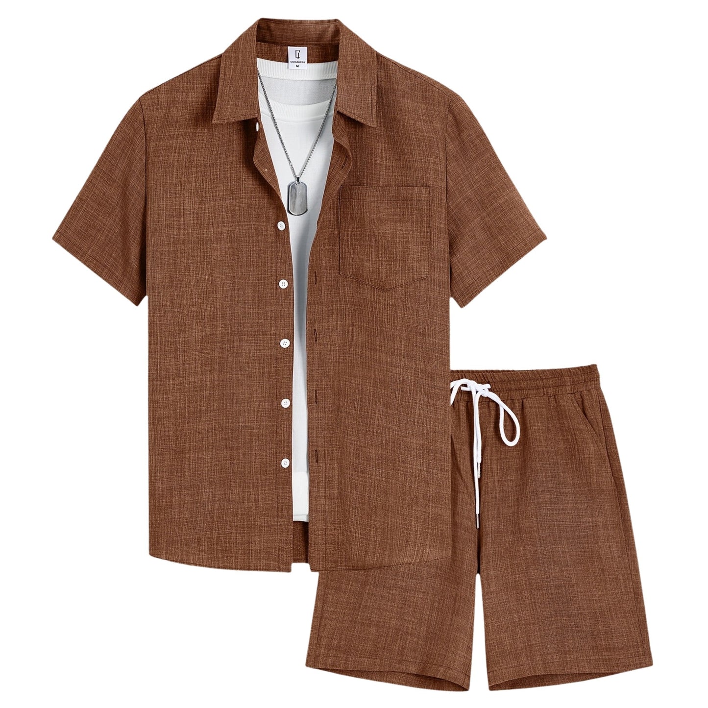 Heren effen tweedelig set – overhemd met korte mouwen en korte broek