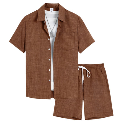 Heren effen tweedelig set – overhemd met korte mouwen en korte broek
