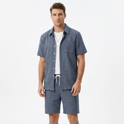 Heren effen tweedelig set – overhemd met korte mouwen en korte broek