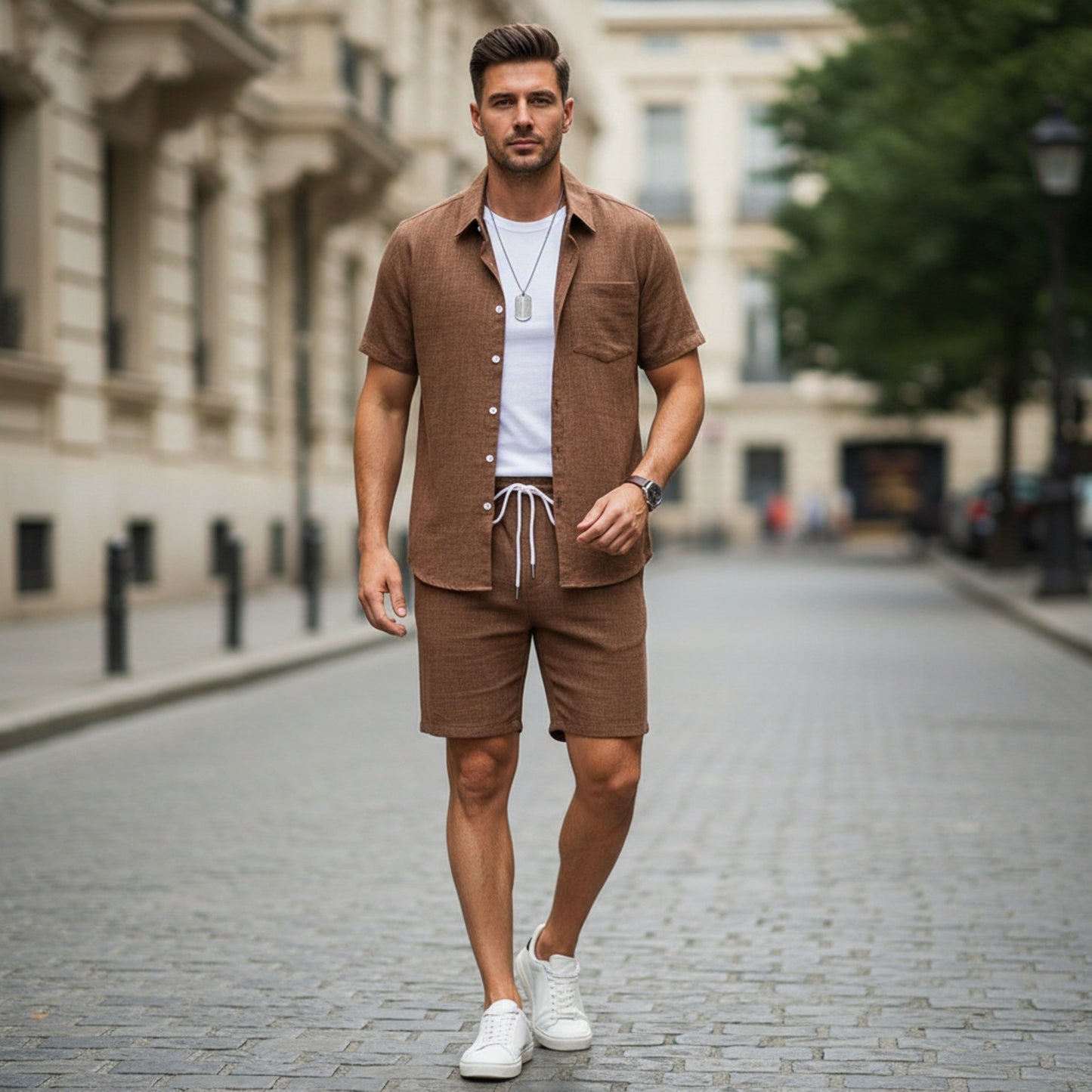 Heren effen tweedelig set – overhemd met korte mouwen en korte broek