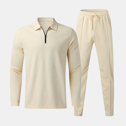 Heren Wafeltextuur Top met Ritskraag en Joggerbroek Set