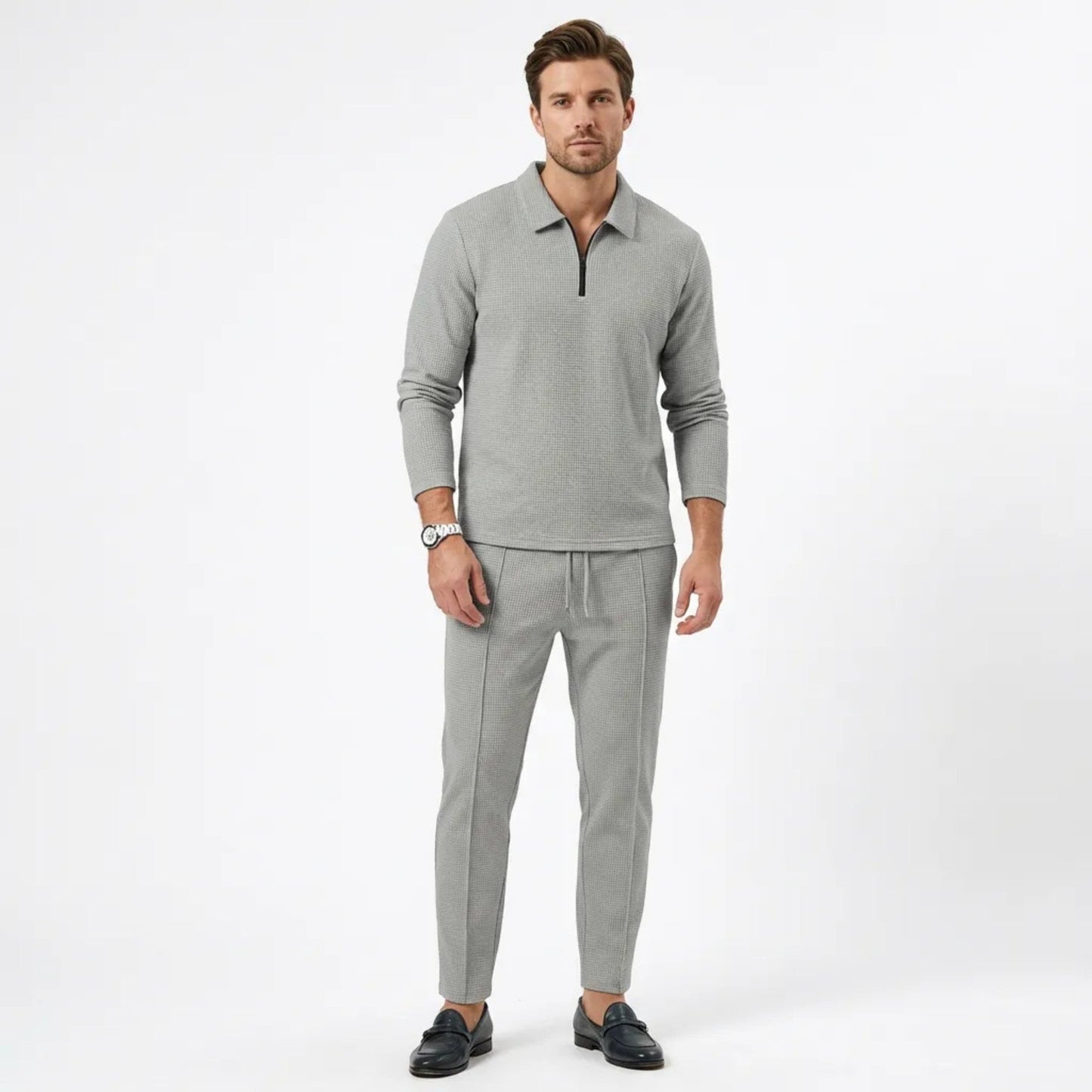 Heren Wafeltextuur Top met Ritskraag en Joggerbroek Set