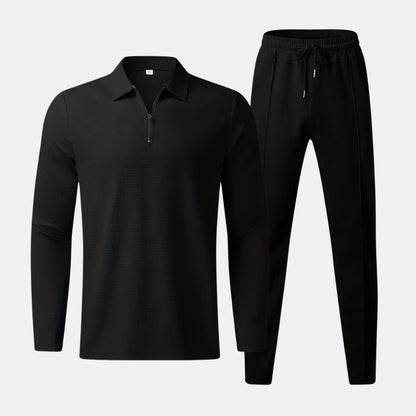 Heren Wafeltextuur Top met Ritskraag en Joggerbroek Set